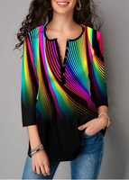 ROTITA Button Rainbow Color Geometric Print Blouse