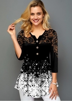 ROTITA Button Snowflake Print Lace Stitching T Shirt