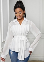 ROTITA Button Up Asymmetric Hem Belted Blouse