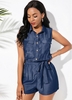 ROTITA Button Up Belted Faux Denim Romper