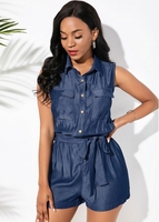 ROTITA Button Up Belted Faux Denim Romper