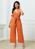 ROTITA Button Up Belted Turndown Collar Contrast Jumpsuit