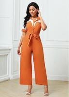 ROTITA Button Up Belted Turndown Collar Contrast Jumpsuit