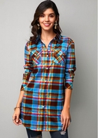 ROTITA Button Up Curved Hem Plaid Print Blue Shirt