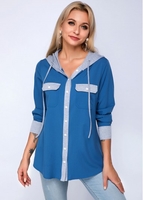 ROTITA Button Up Hooded Collar Contrast Blouse