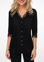ROTITA Button Up Lace Panel V Neck Blouse