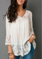 ROTITA Button Up Lace Patchwork White Blouse