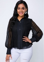 ROTITA Button Up Lantern Sleeve Lace Blouse