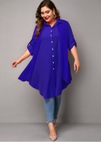 ROTITA Button Up Plus Size Asymmetric Hem Blouse