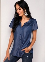 ROTITA Button Up Short Sleeve Lace Panel Blouse