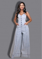 ROTITA Button Up Spaghetti Strap Side Pocket Denim Jumpsuit