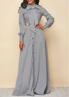 ROTITA Button Up Stripe Print Tie Neck Dress