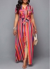 ROTITA Button Up Turndown Collar Belted Rainbow Color Dress