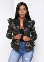 ROTITA Camouflage Print Zipper Closure Flounce Jacket