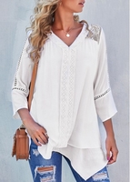 ROTITA Chiffon Lace White Stitching Asymmetric Hem Blouse