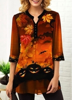 ROTITA Chiffon Panel Split Neck Halloween Print Blouse