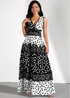 ROTITA Color Block Polka Dots Lace Panel Dress