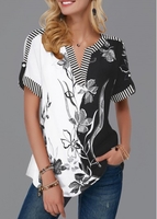 ROTITA Color Block Sleeve Split Neck Flower Print Blouse