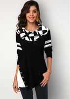 ROTITA Cowl Neck Button Detail Geometric Print Tunic Top