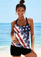 ROTITA Cross Strap American Flag Print Spaghetti Strap Tankini Set