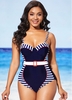 ROTITA Decorative Belt Striped Navy Blue One Piece Swimwear