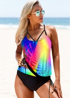 ROTITA Drawstring Waist Rainbow Color Printed Tankini Set