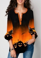 ROTITA Flare Cuff Halloween Pumpkin Print Button Front Blouse