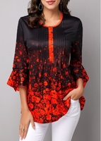 ROTITA Flare Sleeve Button Front Printed Blouse
