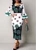 ROTITA Flare Sleeve Flower Print Round Neck Dress