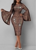 ROTITA Flare Sleeve Glitter Fabric Gold Brown Dress