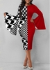 ROTITA Flare Sleeve Houndstooth Print Color Block Dress