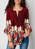 ROTITA Flare Sleeve Split Neck Printed Blouse