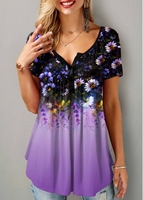 ROTITA Floral Print Button Detail Short Sleeve T Shirt