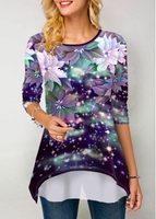 ROTITA Floral Print Round Neck Long Sleeve T Shirt