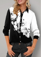 ROTITA Floral Print Turndown Collar Button Up Blouse