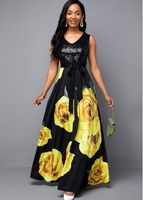 ROTITA Flower Print Belted Sequin Panel Maxi Dress