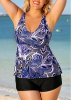 ROTITA Flower Print Blue Plus Size Tankini Set