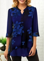 ROTITA Flower Print Button Detail Split Neck Blouse