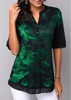 ROTITA Flower Print Chiffon Panel Button Detail T Shirt