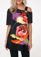 ROTITA Flower Print Cold Shoulder Short Sleeve T Shirt
