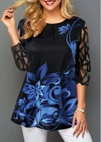 ROTITA Flower Print Lace Panel Round Neck T Shirt