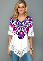 ROTITA Flower Print Lace Stitching V Neck T Shirt