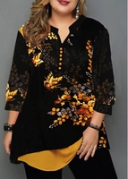 ROTITA Flower Print Layered Hem Plus Size Blouse