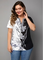 ROTITA Flower Print Split Neck Short Sleeve Blouse