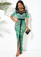 ROTITA Front Slit Mesh Panel Printed Maxi Dress
