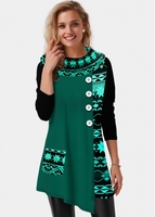 ROTITA Geometric Print Asymmetric Hem Button Contrast Tunic Top