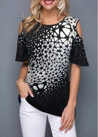 ROTITA Geometric Print Cold Shoulder T Shirt