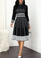 ROTITA Geometric Print Long Sleeve Mock Neck Dress