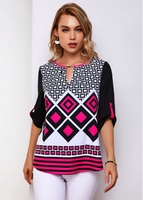 ROTITA Geometric Print Roll Tab Sleeve T Shirt