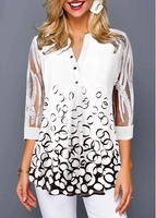 ROTITA Geometric Print Split Neck Lace Sleeve T Shirt